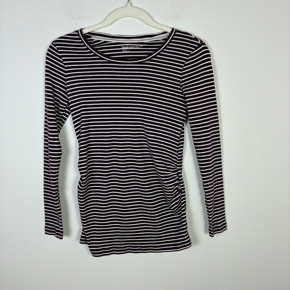 Gap Maternity XS Long Sleeve Striped Top Purple White Ruched‎ Side Pregnancy
